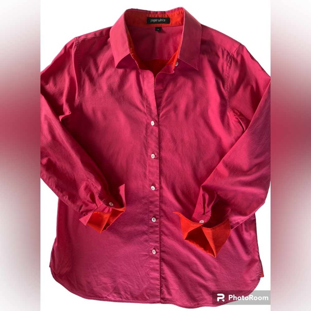 Paperwhite Pink Orange Button Down Cotton Silk Blend Shirt